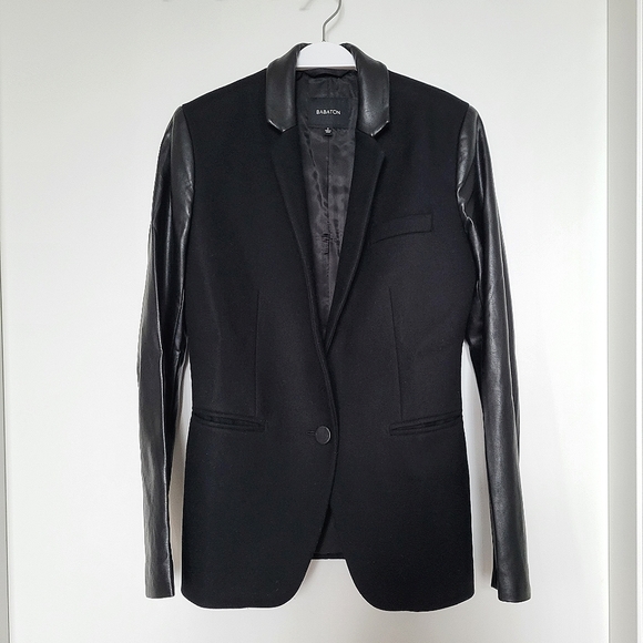 Aritzia Babaton Black Wool Cashmere Blend Vegan Leather Fred Blazer - Picture 3 of 13